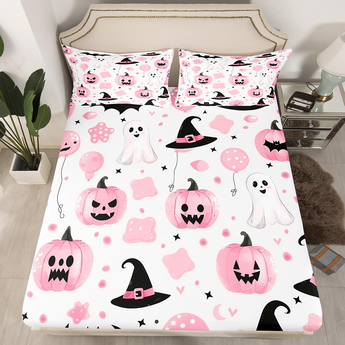 jejeloiu Kids Halloween Decor Bed Sheets Sets Twin Size Kids Boys Girls Cartoon Ghost Bedding Set Pumpkins Bed Sheet Set with 16-Inch Deep Pockets Spooky Halloween Decorations 3Pcs with 1 Pillow Cases