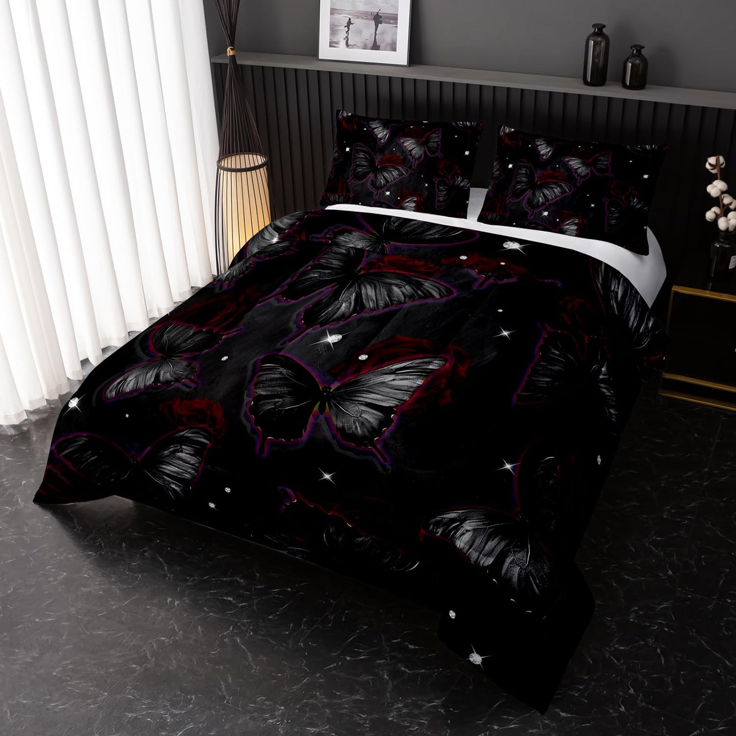 Black Butterfly Comforter Sets Twin Size, Black Butterfly Flowers 3D Animal Pattern Kids Bedding Sets for Girls Teens 3 Piece Bedroom Decor Comforter with 2 Pillowcases
