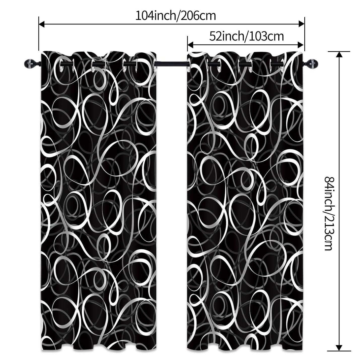 JAZEAOI Black White Geometric Blackout Curtains, Modern Abstract Grey Black Out Window Drapes for Bedroom Living Room Grommet Thermal Insulated Room Darkening Decor, 2 Panels 52x84 Inches