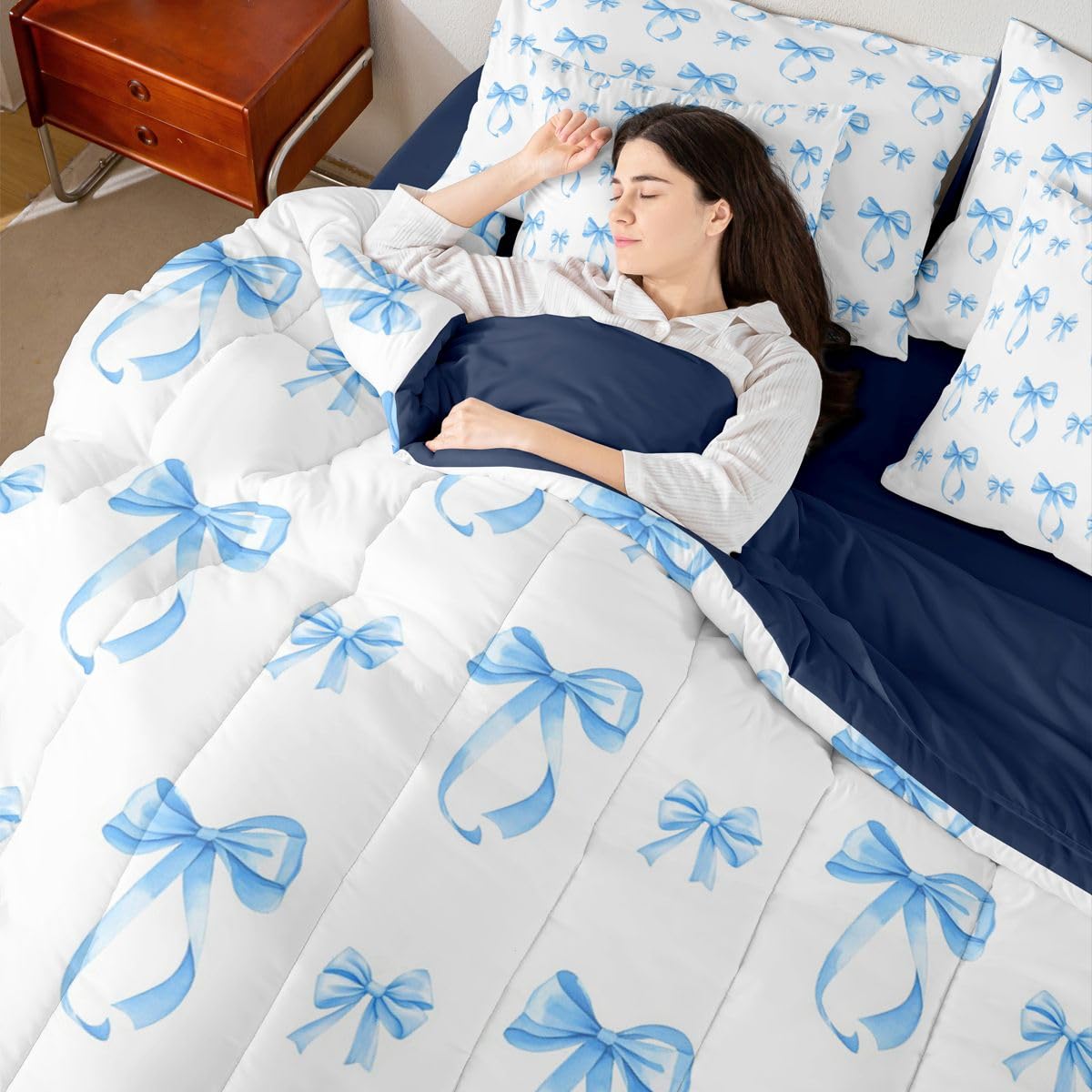 Erosebridal Cute Ribbon Bowknot Full Size Comforter Set,Bows 7-Piece Bed in A Bag,Blue Princess Sheets and Pillowcases,Modern Simple Bow Knot Bedding Set Room Decor
