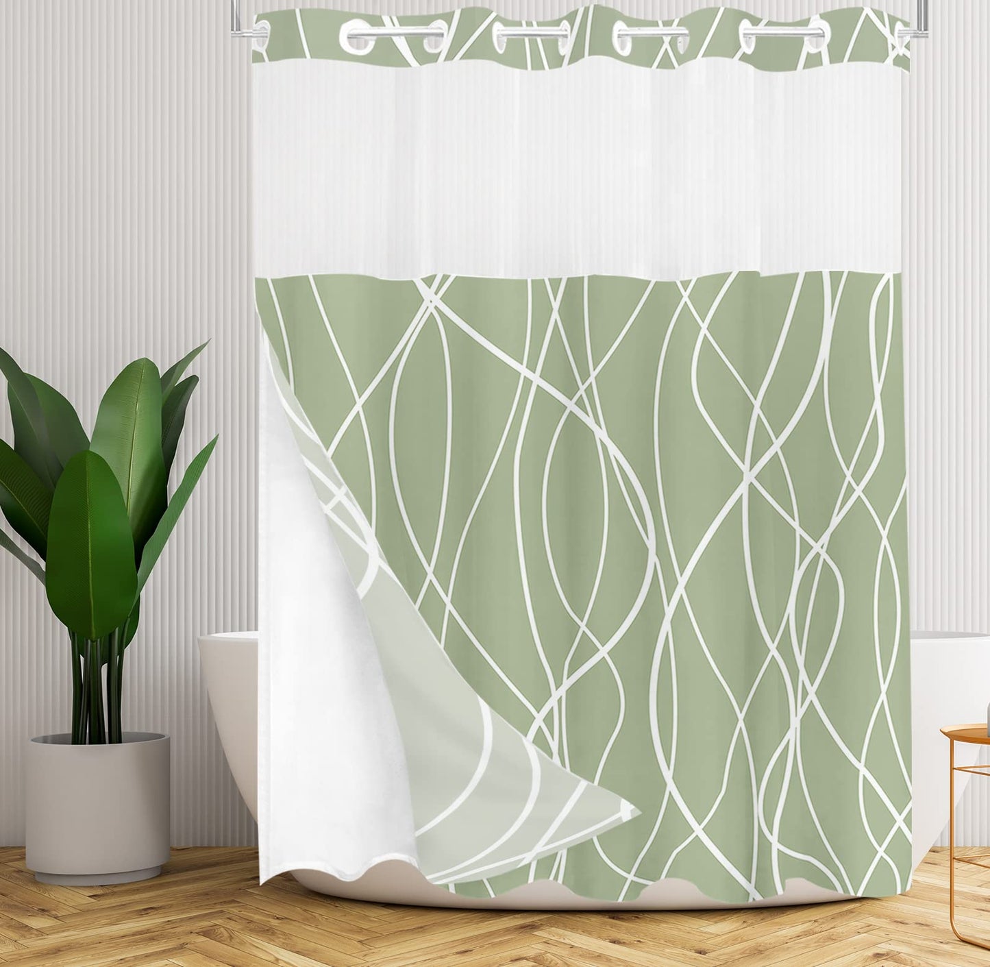 Tititex No Hooks Snap in Liner Abstract Curve Lines Sage Green White Shower Curtain, Hotel Luxury Double Layers Without Hooks Waterproof Fabric & See-Through Top Window Bathroom 71x71 Inch