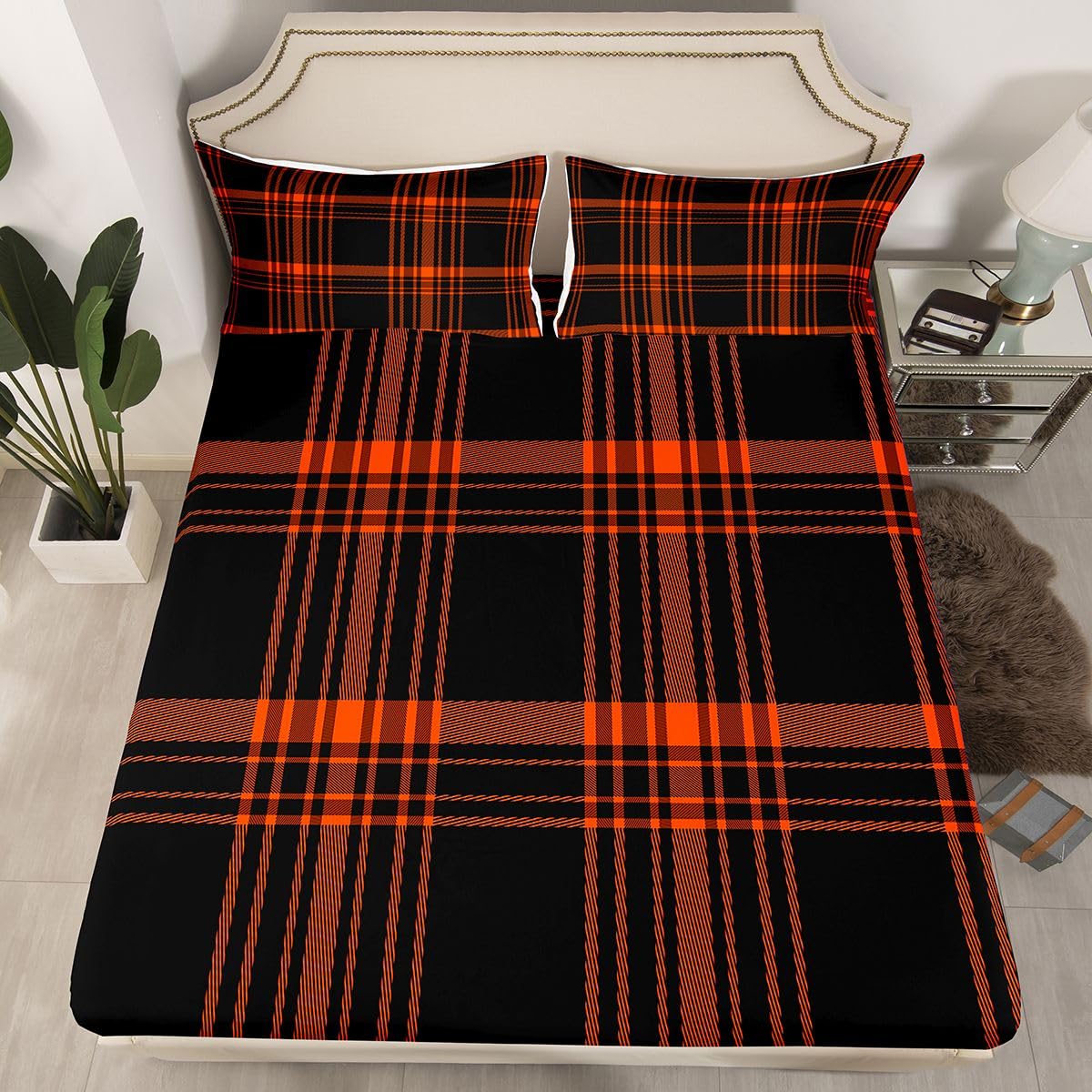 jejeloiu Classic Red Black Plaid Fitted Sheet with 1 Pillowcase Twin Size Checkerboard Bed Sheets Set 16" Deep Pocket Boys Girls Farmhouse Bedding Aesthetic Grid Teens Bedroom Decor Breathable