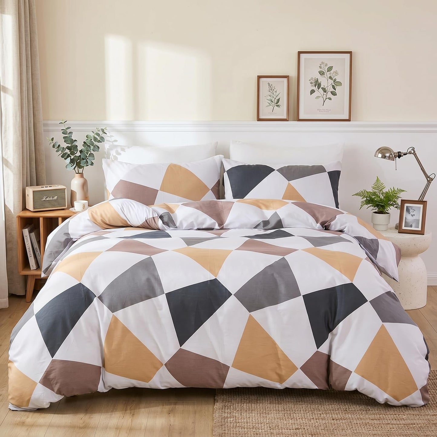 Cozaline 100% Cotton Duvet Cover Set King – Yellow Grey Nordic Triangle Bedding Set 3 Pieces, Light Reversible Comforter Cover with Zipper Closure, Minimalist Geometric Abstract Bed Set