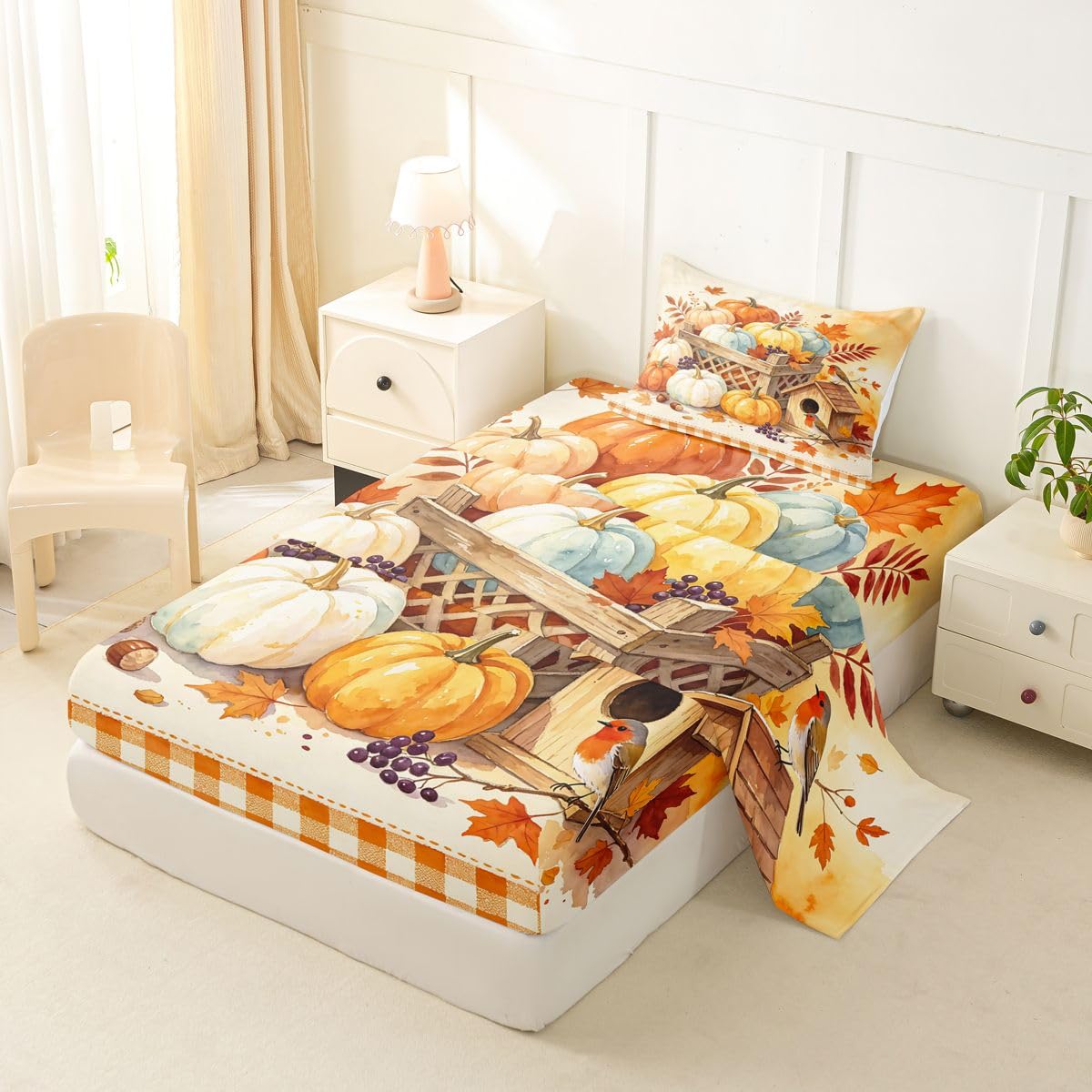 Erosebridal Harvest Pumpkin Bed Sheets Twin Size Orange Gingham Geometric Checkered Sheet Set Teens Adults Autumn Maple Leaf Bedding Set Happy Fall Thanksgiving Sheets