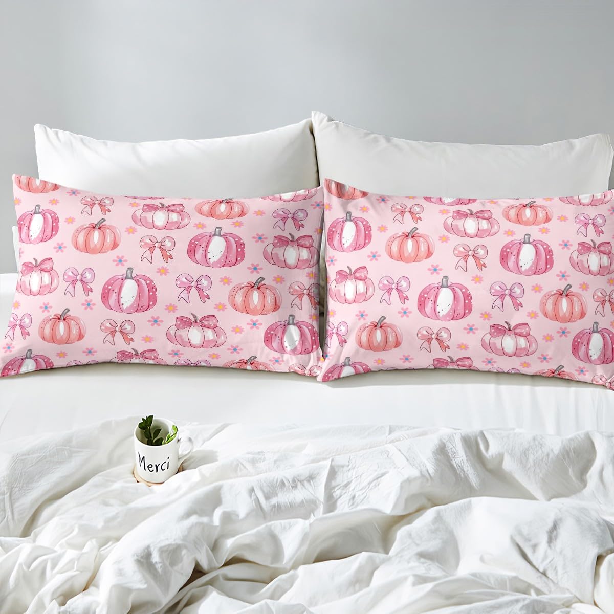 Feelyou Halloween Theme Bed Sheets Set Full Size Pumpkin Lantern Deep Pocket Fitted Sheet Pink Bow Bedding Sets Cute Floral Soft Bed Set 4Pcs with 2 Pillow Cases