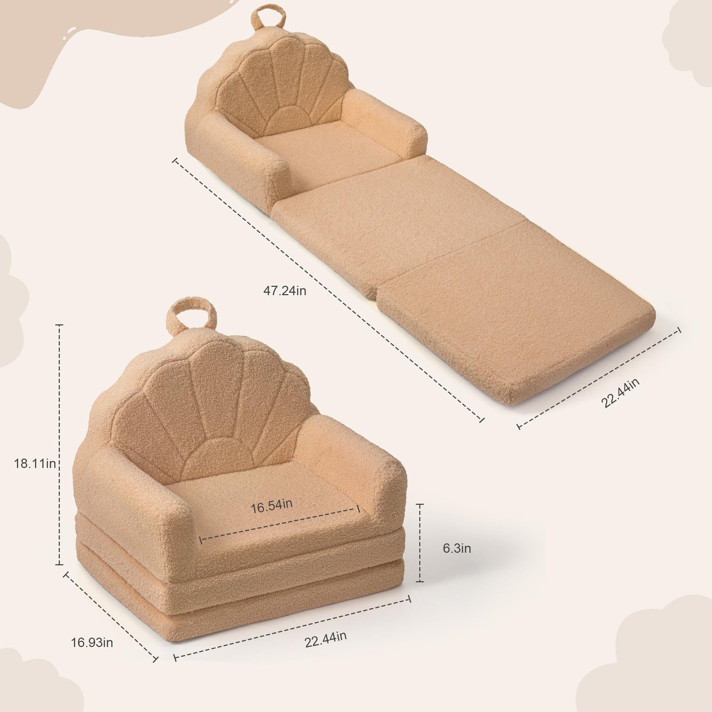 Airpanda Cozy Kids Couch and Chair, Fold Out Foam Sofa, Khaki