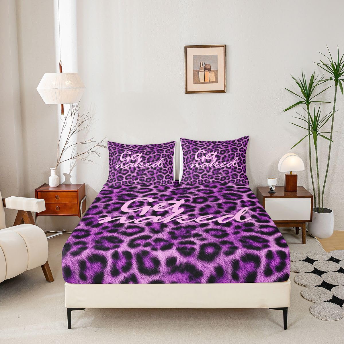 Feelyou Leopard Print Get Naked Fitted Sheet with 2 Pillowcases Full Size Funny Quotes Bed Sheets Set 16" Deep Pocket Boys Girls Purple Bedding Cheetah Teens Bedroom Decor Soft Microfiber