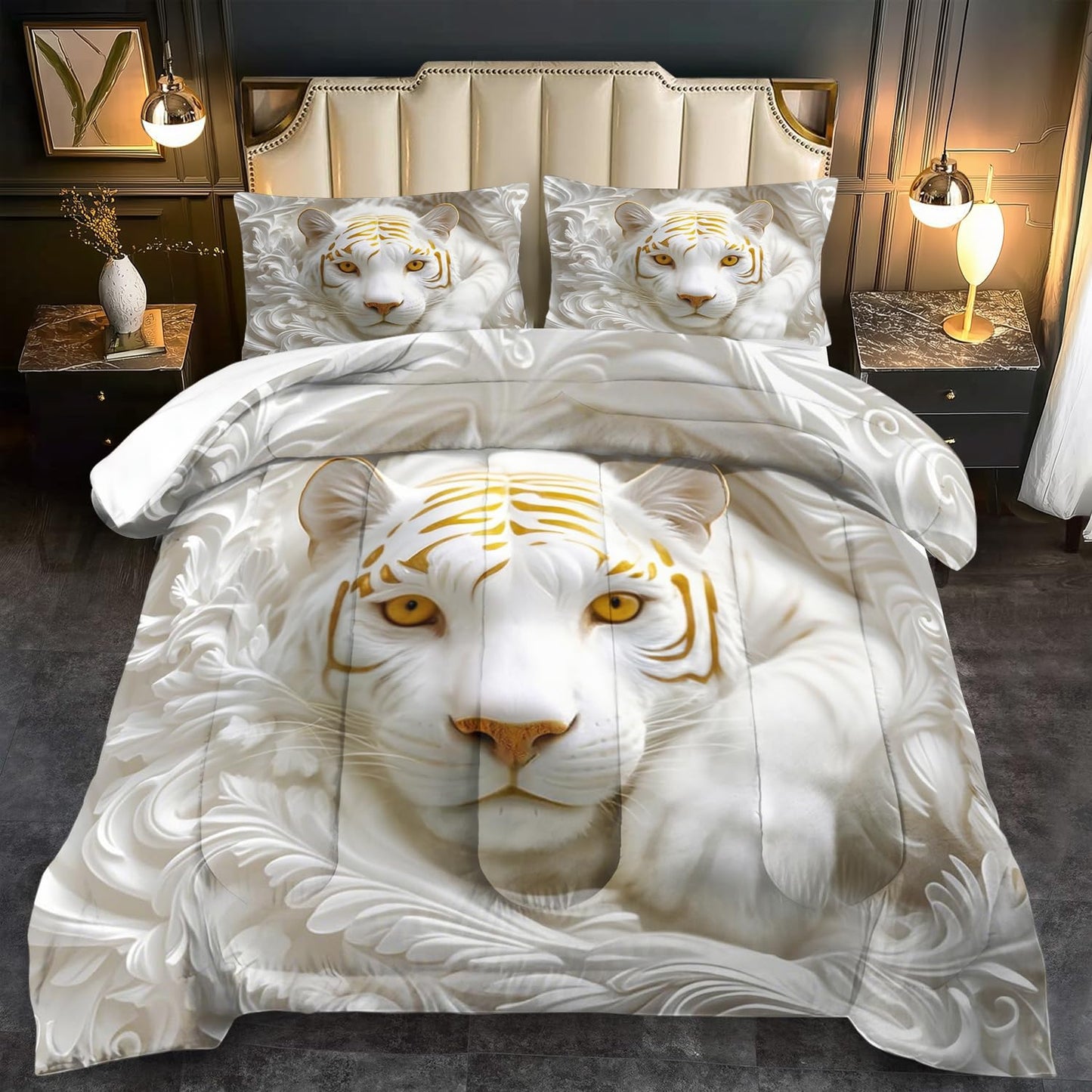 llyxsesty White Tiger Comforter Set Queen for Boys Relief Sculpture Bedding Set Teen Boys Animal Comforter Queen Quilt Girls Tiger Bedroom Decor African Animal Bedding White Lion Home Decor