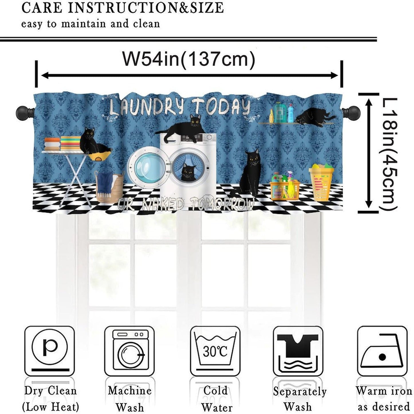 AAVEUP Laundry Room Valance Curtain Blue Abstract Rustic Plaid Black Cat Clean Clothes Drying Washing Machine Window Treatment for Bathroom Kitchen 54 x 18 in