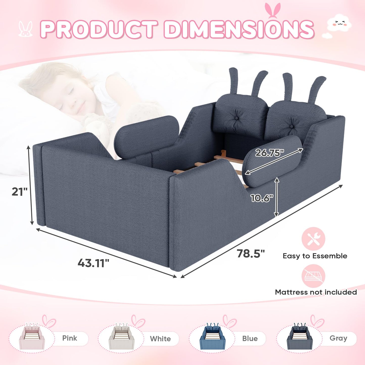 Duigonp Twin Size Kids Bed, Comfy Boucle Fabric Twin Daybed with Rabbit Cushions & Removable Side Rails, Upholstered Platform Bed, Cute Cozy Floor Bed for Girls, Boys, Teenager(Gray)