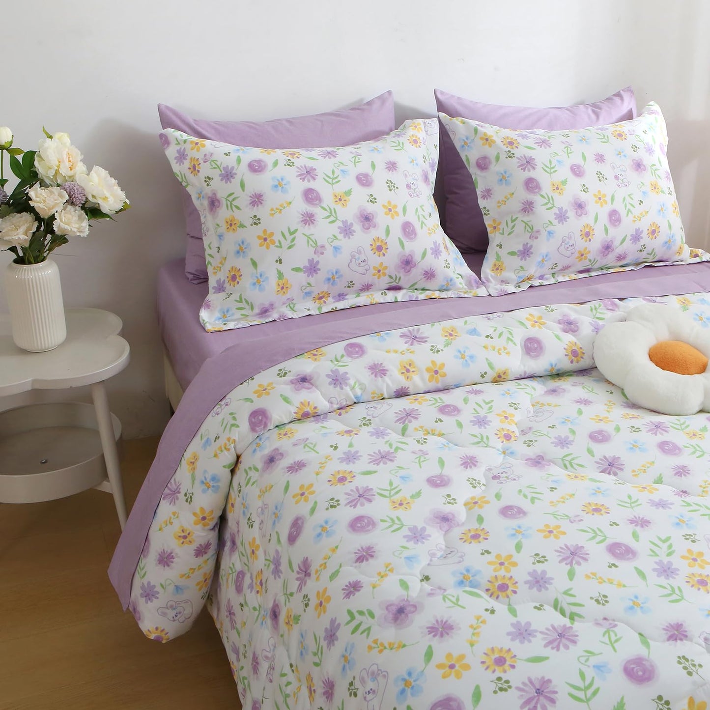 Wajade Floral Comforter Set Bed in A Bag Twin Size 7 Piece Purple Flower Green Leaves Rabbits Bedding Set for Girls (1 Comforter, 1 Flat Sheet, 1 Fitted Sheet, 2 Pillowcase and 2 Pillow Sham)