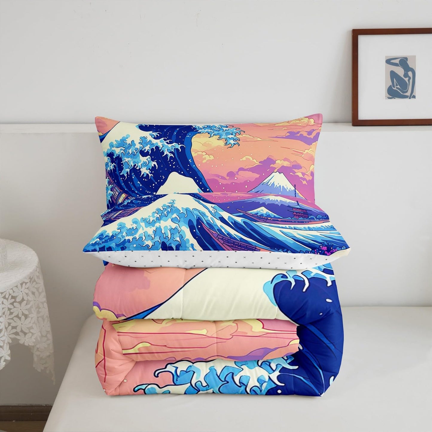 Feelyou Japanese Wave Bedding Set for Kids Boys Girls Queen Size Fuji Mountain Comforter Set Ultra Soft Japanese Style Comforter Sunset Duvet Quilt Bedroom Decor Ocean Wave Quilt