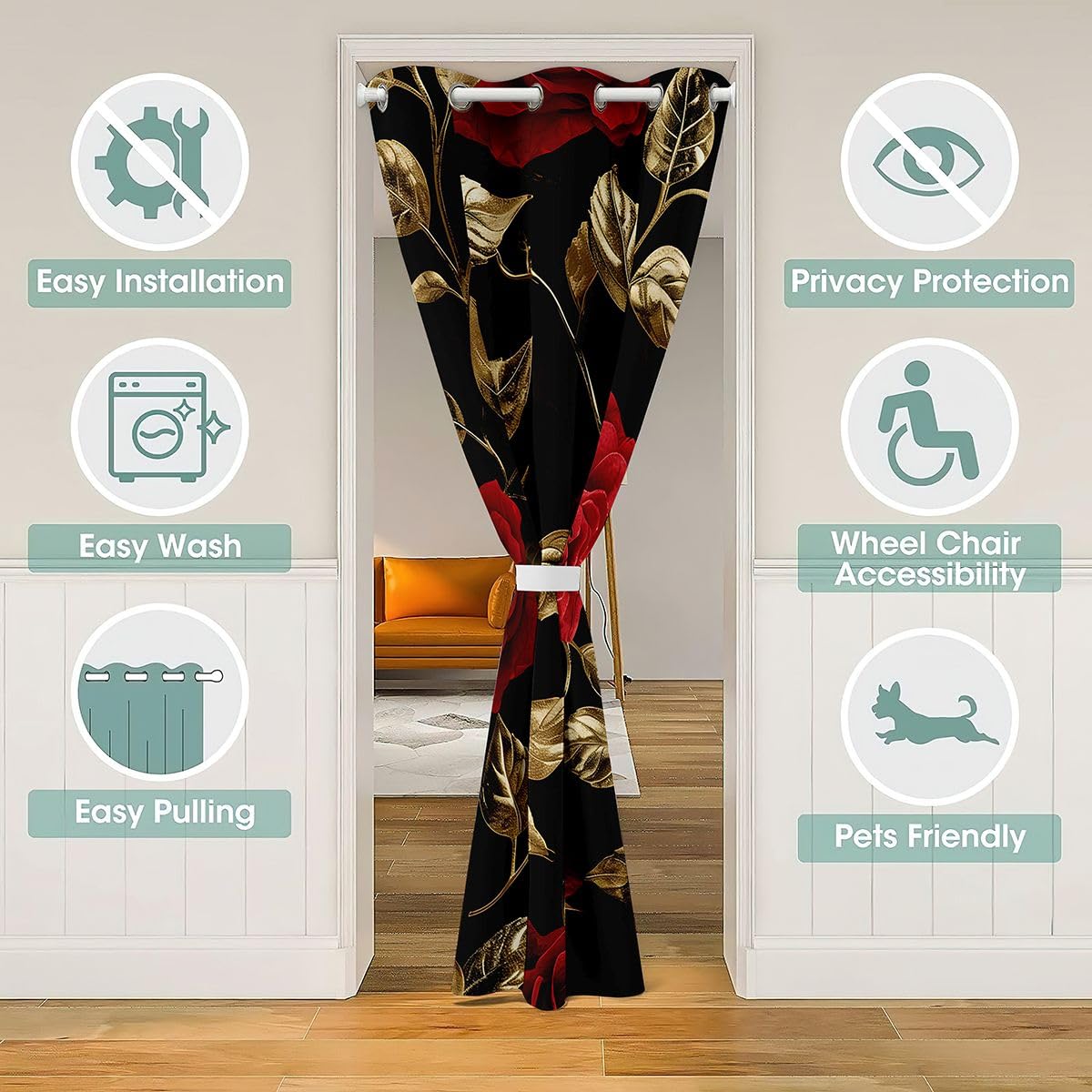 Feelyou Flower Door Curtain for Doorway Window 42" x 84" Retro Hippie Flower Thermal Insulated Temporary Room Dividers 60 70S Groovy Closet Cover Bedroom Living Room Microfiber
