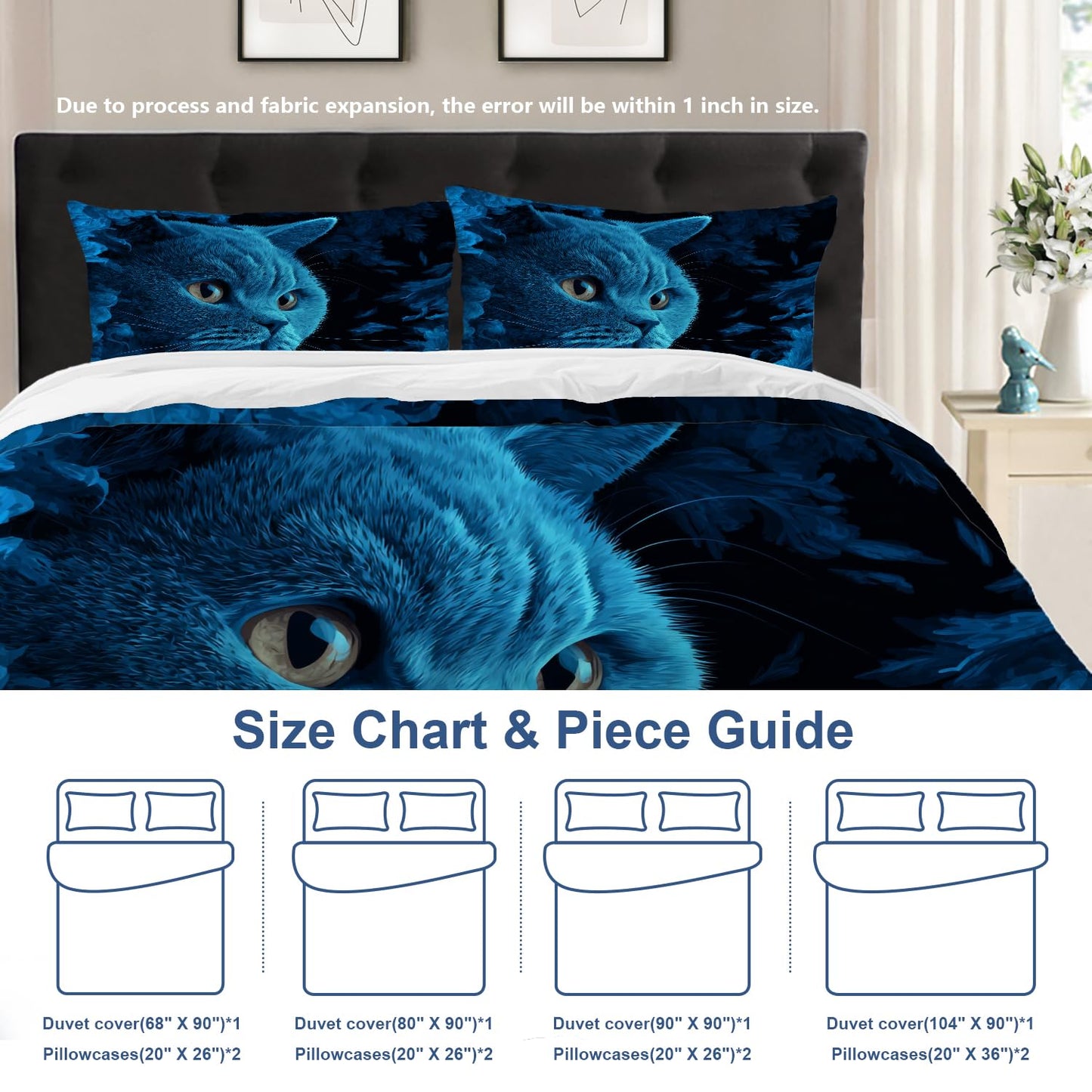 Batmerry Cute Cat King Size 100% Cotton Duvet Cover Sets, Blue in Feathers Bedding Set with Zipper Closure Corner Ties, 3 Pieces (1 Cover + 2 Pillowcases No Comforter)