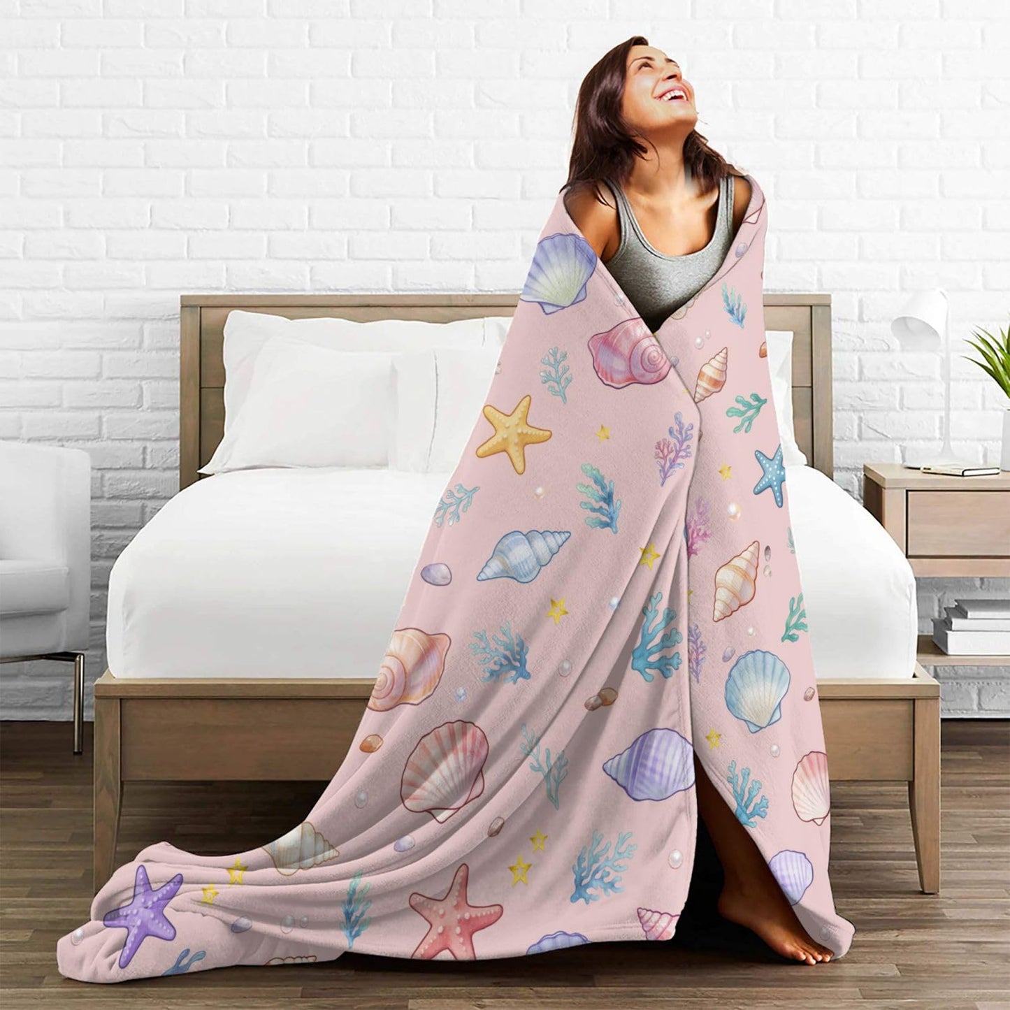 Summer Shell Starfish Beach Throw Blanket 50"x40" Cozy Fluffy Plush Seashell Blankets Soft Pink Ocean Blanket for Girls Women Gift Sofa Bed Couch