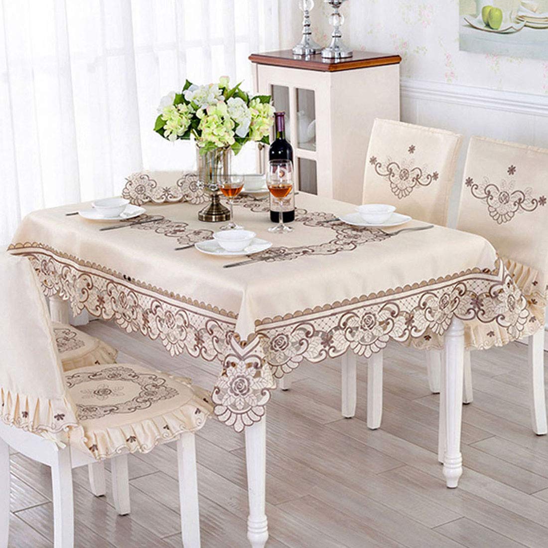 LeLehome Brown Flower Embroidered Lace Cream Beige Square Tablecloth, Vintage Classic Dining Table Cloth Wrinkle Free Table Cover 57 Inch x 57 Inch Party