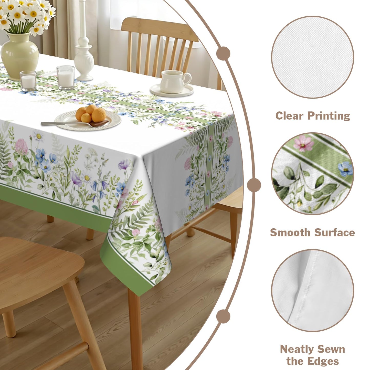 Kwlegh Spring Summer Tablecloth 60x84 Inch Sage Green Wildflower Table Cover Floral Print Reusable Washable Rectangular Tablecloths for Dining Decor Party Picnic Indoor Outdoor
