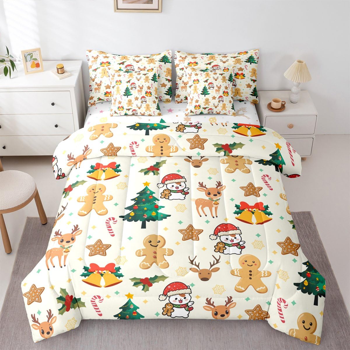 Feelyou Merry Christmas Comforter Set with Sheets 7 Piece Twin Size Gingerbread Man Bed in a Bag Kids Boys Girls Cute Deer Bedding Set Christmas Tree Soft