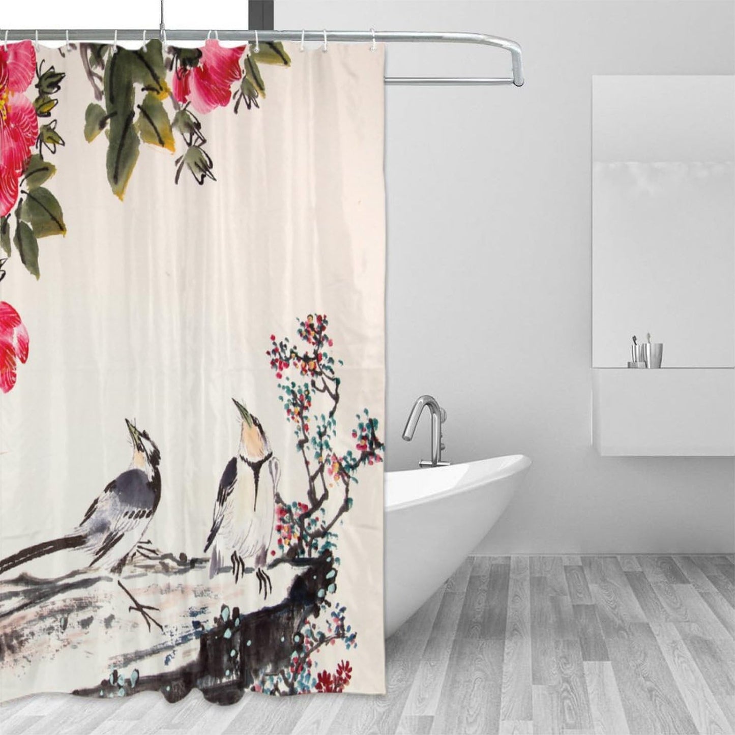 DDCBNS Chinese Traditional Ink Painting Shower Curtain,Japanese Cherry Blossom Spring Nature Flower Birds Print Shower Curtain for Bathroom Decor Fabric Waterproof Upholstery Hook 66x72inch