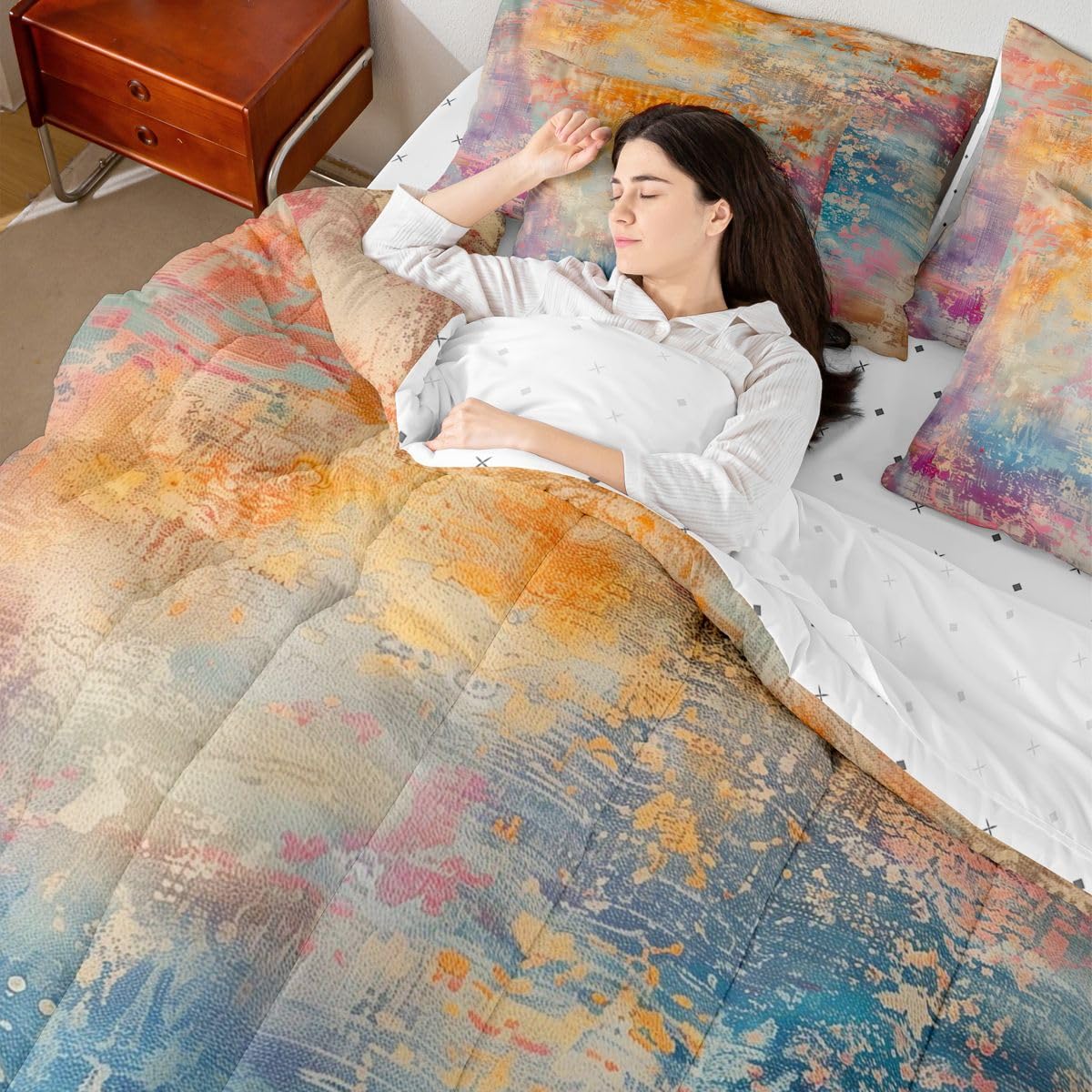 Erosebridal Grey Blue Queen Comforter Set Grunge Ombre Geometric 7 Pieces Bedding Oil Painting Bed Set with Sheets Modern Abstract Graffiti Art Bed in A Bag Bedroom Decor