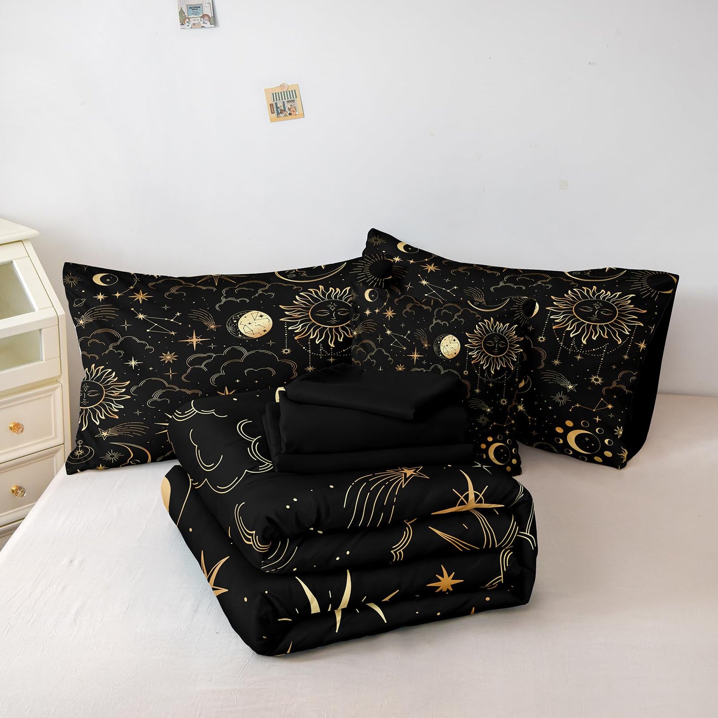 Bedding_Dreamer Black and Gold Queen Bed in a Bag Sun and Moon Bedding Set Mysterious Space Home Decor Galaxy Down Comforter Black Sheet Sets 8 Pcs Soft Microfiber for Kids Adults