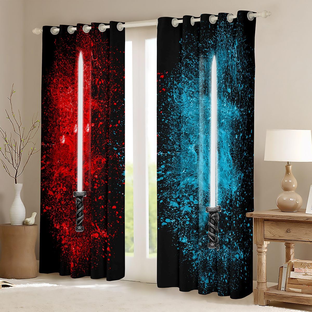 Feelyou Lightsaber Curtains Red Blue Tie Dye Curtains for Bedroom Living Room for Kids Boys Teens Future Technology Windows Drapes Soft Durable Washable Room Decoration,42 X 63 Inch,2 Panels