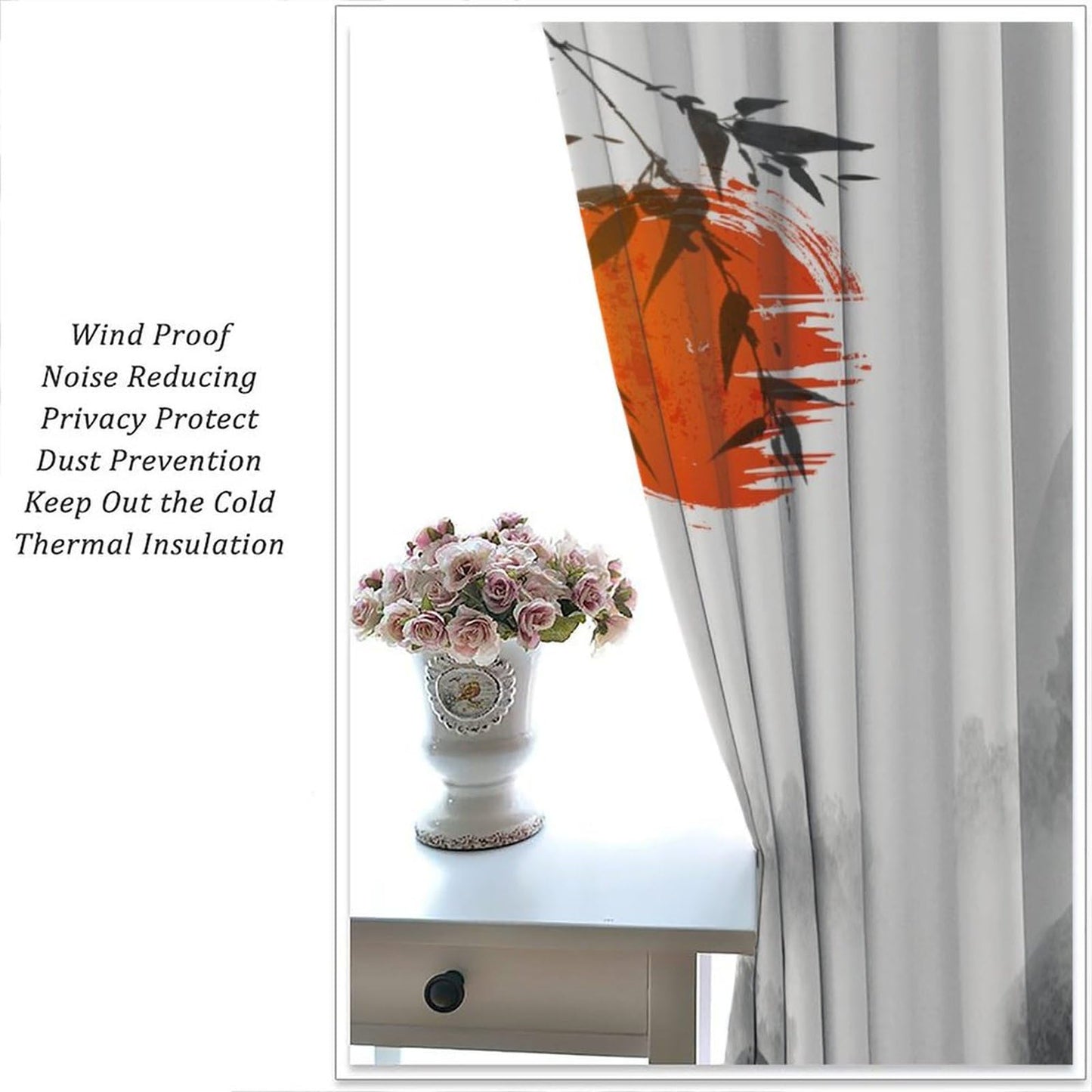 Japanese Curtain,Ink Painting Red Sun Sunset Bamboo Leaves Window Treatment Curtains Cloth Farbicr Dining Room Cafe Living Room Bedroom Kitchen Office Drapes Decor,42x45 in