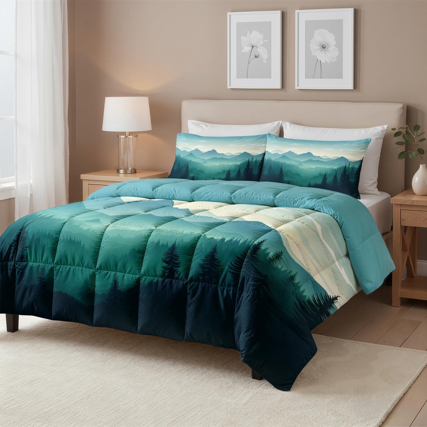 Misty Forest Comforter Set Queen Size 3 Pcs - All Season Duvet Insert & 2 Pillowcases, Mountain Bedding Set, Soft Lightweight Down Alternative Comforter, Landscape Bedroom Decor