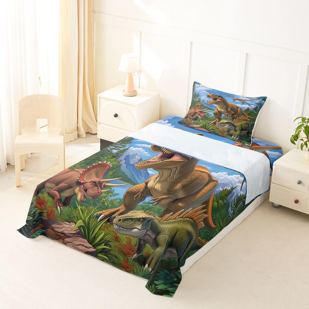 Feelyou Dinosaur Bed Sheets Set Twin Size 3D Digital Print Bed Set Jungle Dino Deep Pocket Fitted Sheet Wild Animal Breathable Soft Lightweight Microfiber Blue and Brown