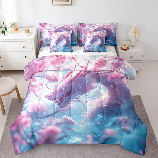 Erosebridal Dreamy Dragon Bed in A Bag Cherry Blossom Twin Comforter Set 7 Piece for Kids Boys Girls,Magical Animal Dragon Bedding Set Pink Cherry Blossom Aesthetic Animal Bed Set