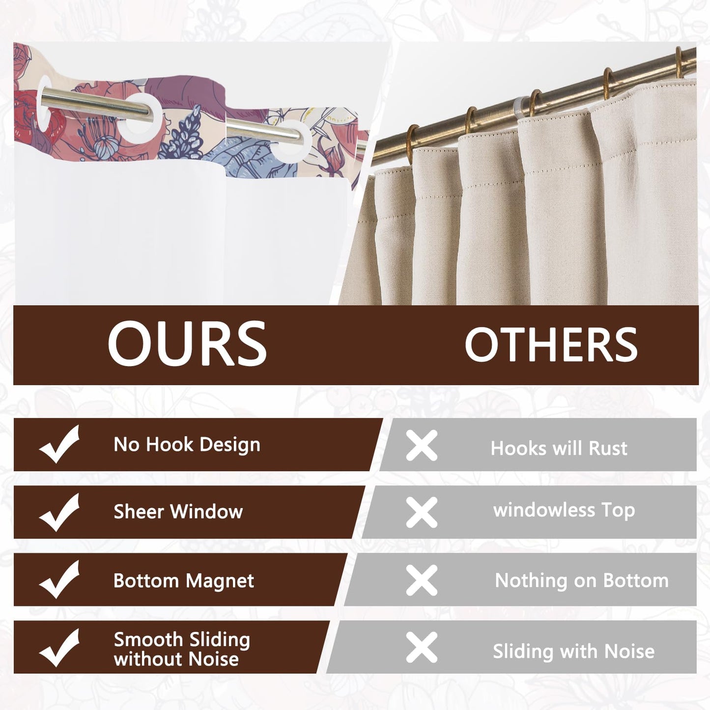 NAEMBCU No Hook Shower Curtain with Snap-in Liner 71x74 Inch