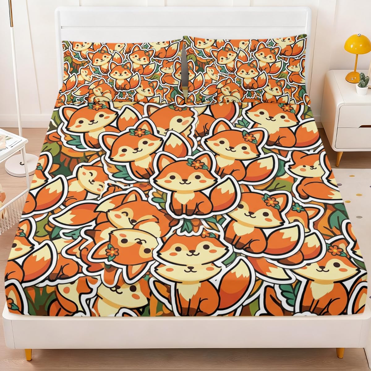 Cute Fox Fitted Sheet Set Twin Size, 3 Pieces Fall Cozy Woodland Animal Bedding for Bedroom Decor, Warm Orange Cartoon Fox Microfiber Deep Pocket Bed Sheets with 2 Pillowcases (No Flat Sheet)