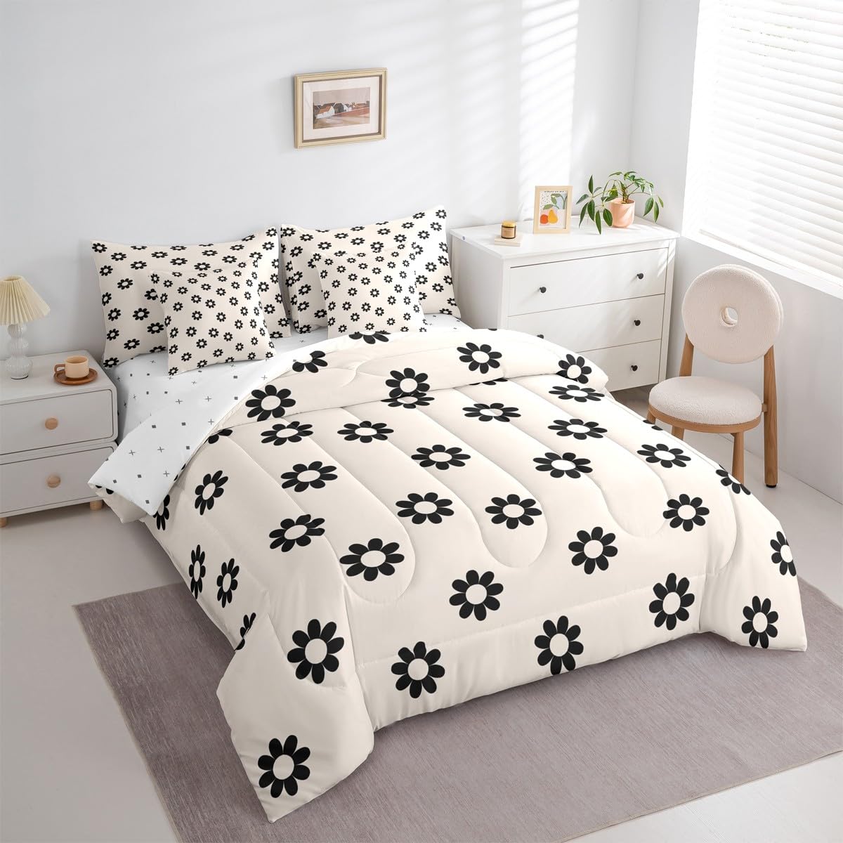 Erosebridal Black and White Floral 7 Pcs Bedding Set for Teen Girls Kawaii Daisy Comforter Set with Sheets Twin Size for Girls Kids Young Women Bedroom Beige Boho Bed in A Bag All Season Bed Sets
