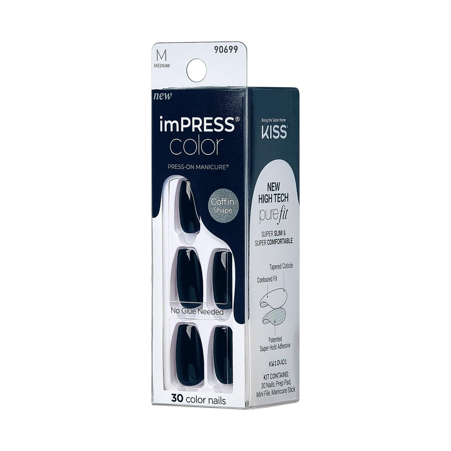 KISS imPRESS Color No Glue Mani 30 Pcs Press On Nails, Navy, Dark Blue, Medium Size, Coffin Shape, Simple Peel & Press Easy Apply, Hassel-Free Removal, Essential Tools Included