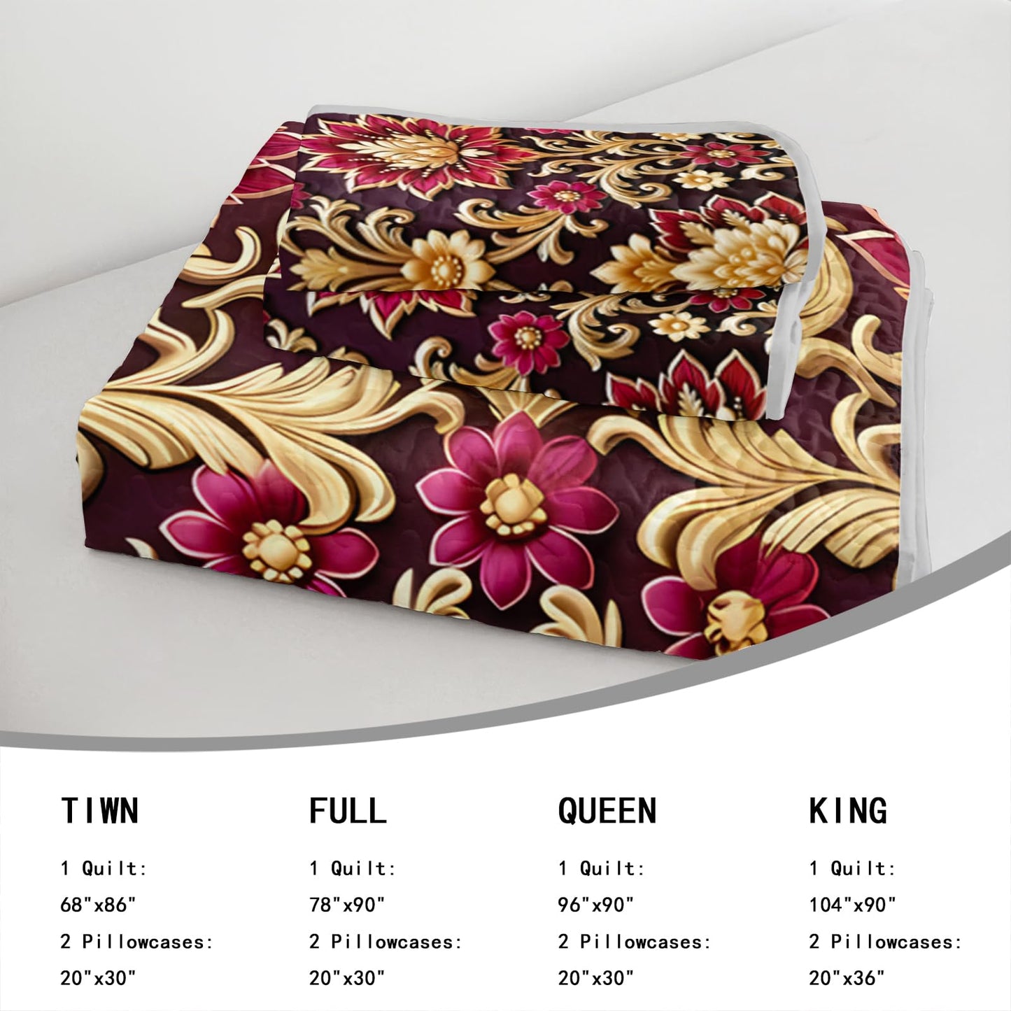 AILONEN Luxury Gold Floral Quilt Set - Elegant Flower King Bedspread Coverlet with 2 Pillowcases Room Decor for Adults & Bedroom