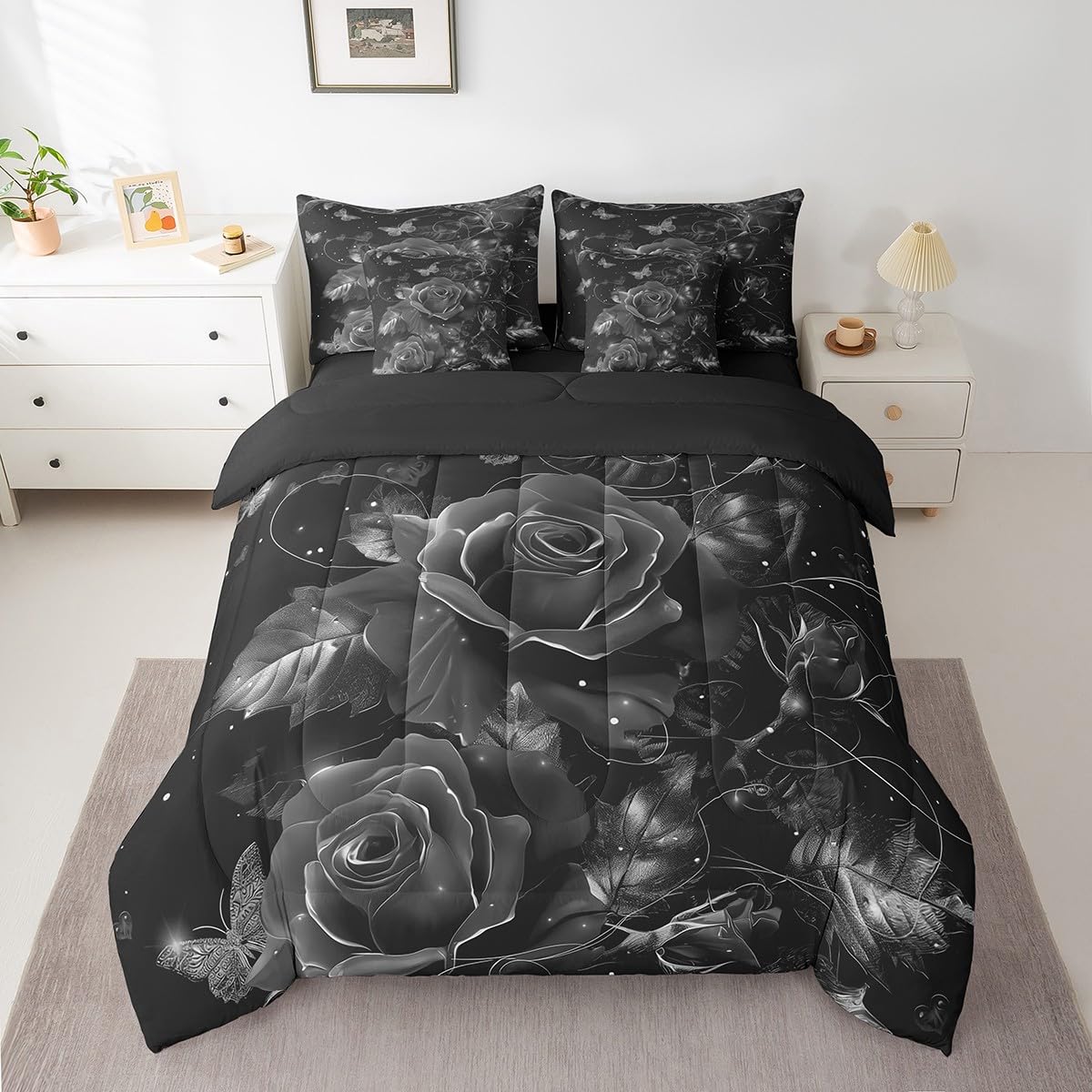 Erosebridal Rose Bedding Set Rose Flowers Queen Comforter Set 7 Piece Romantic Valentine's Day Bed in A Bag 3D Black Rose Butterfly Vine Sheet Set with Comforter for Teen Adults Bedroom Decor