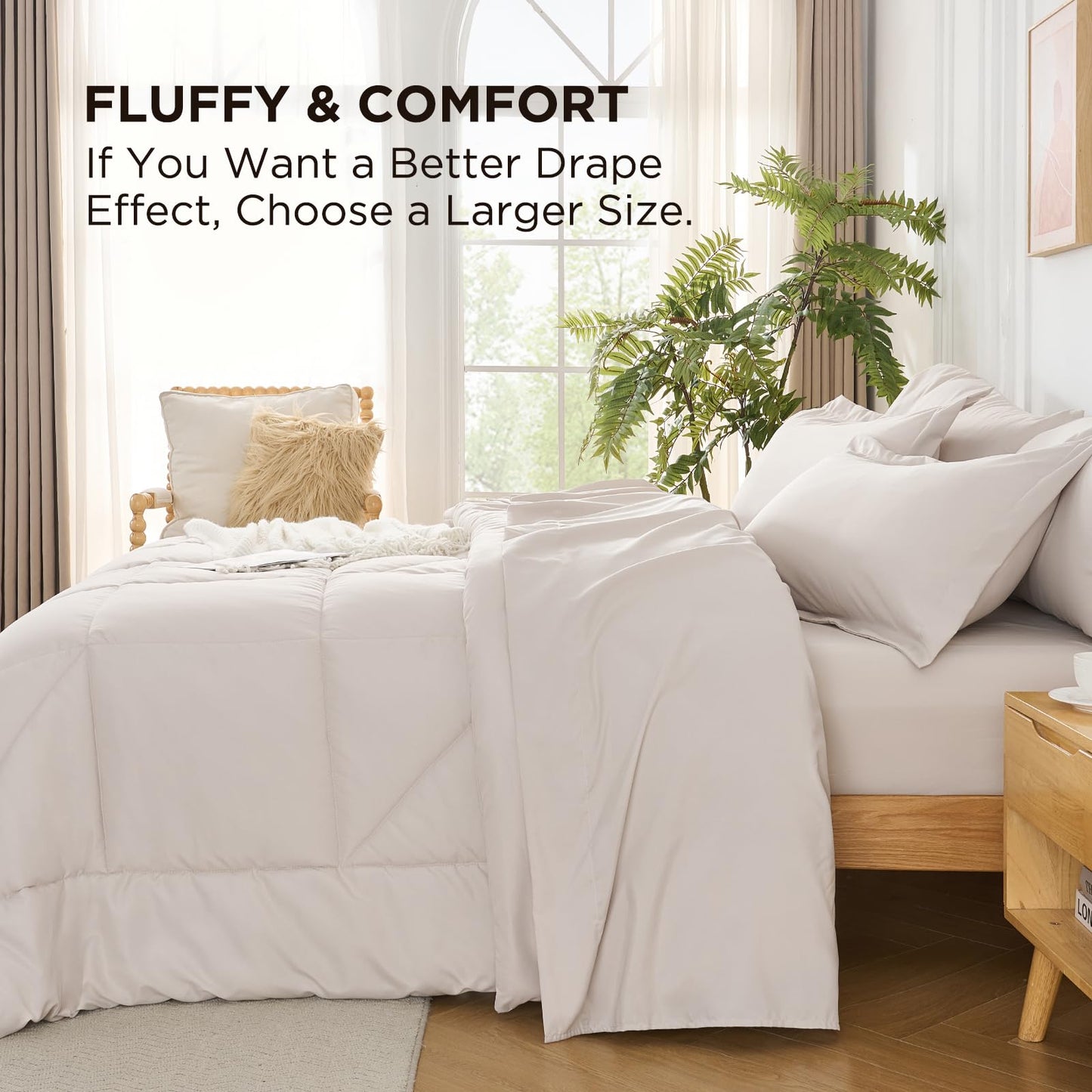 Baskbed 7 Pieces Queen Comforter Set - Utral Soft Microfiber Bedding Set, Thick Duvet Insert Bed in a Bag Without Rustling Noise for All Season, Beige (88"x88")