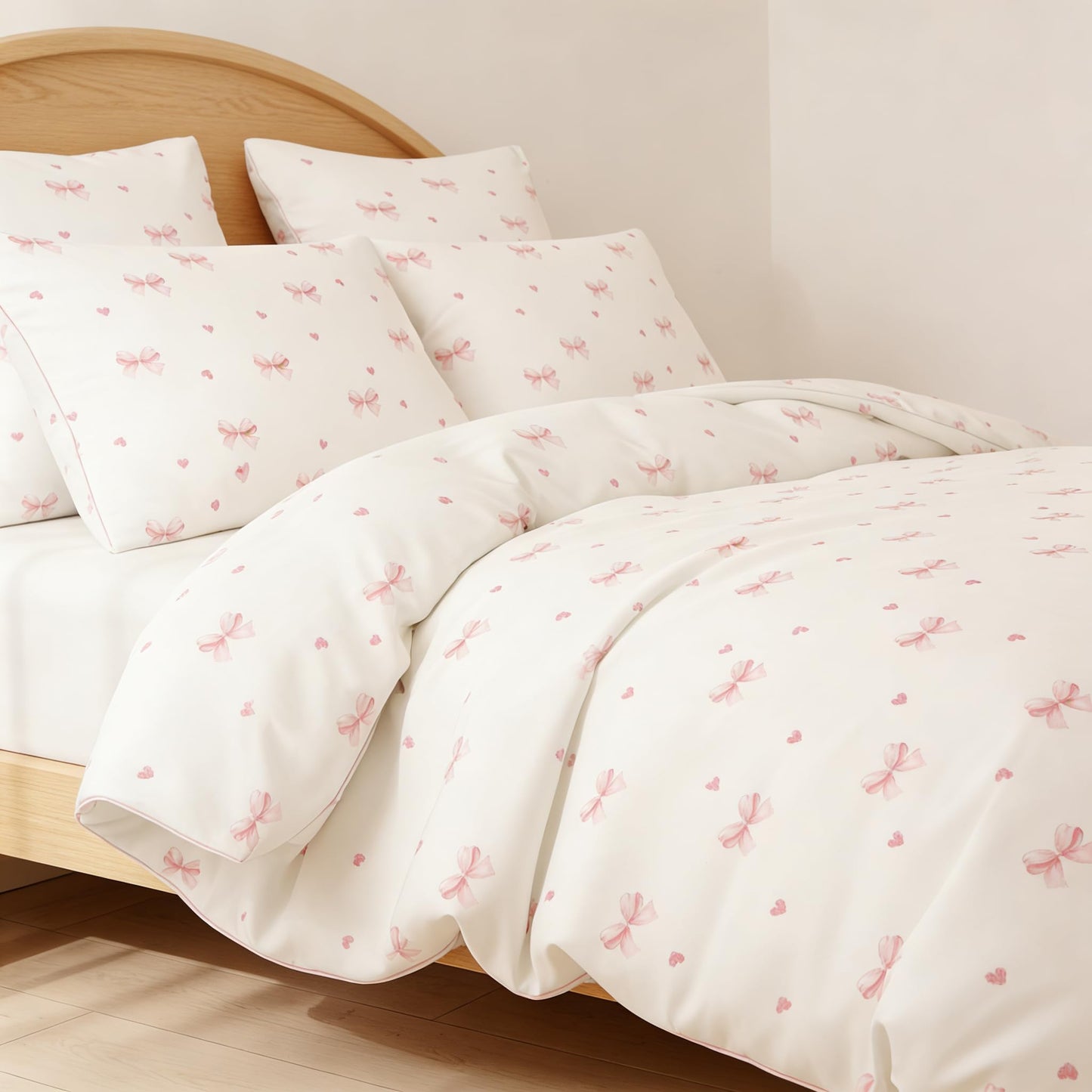 Sedefen Pink Bow Duvet Cover Queen Size Red Heart Bowknot Printed on White Duvet Cover Set Girls Princess Style Cute Kawaii Bows Love Pattern Reversible Soft Breathable Microfiber Bedding Set 3Pcs