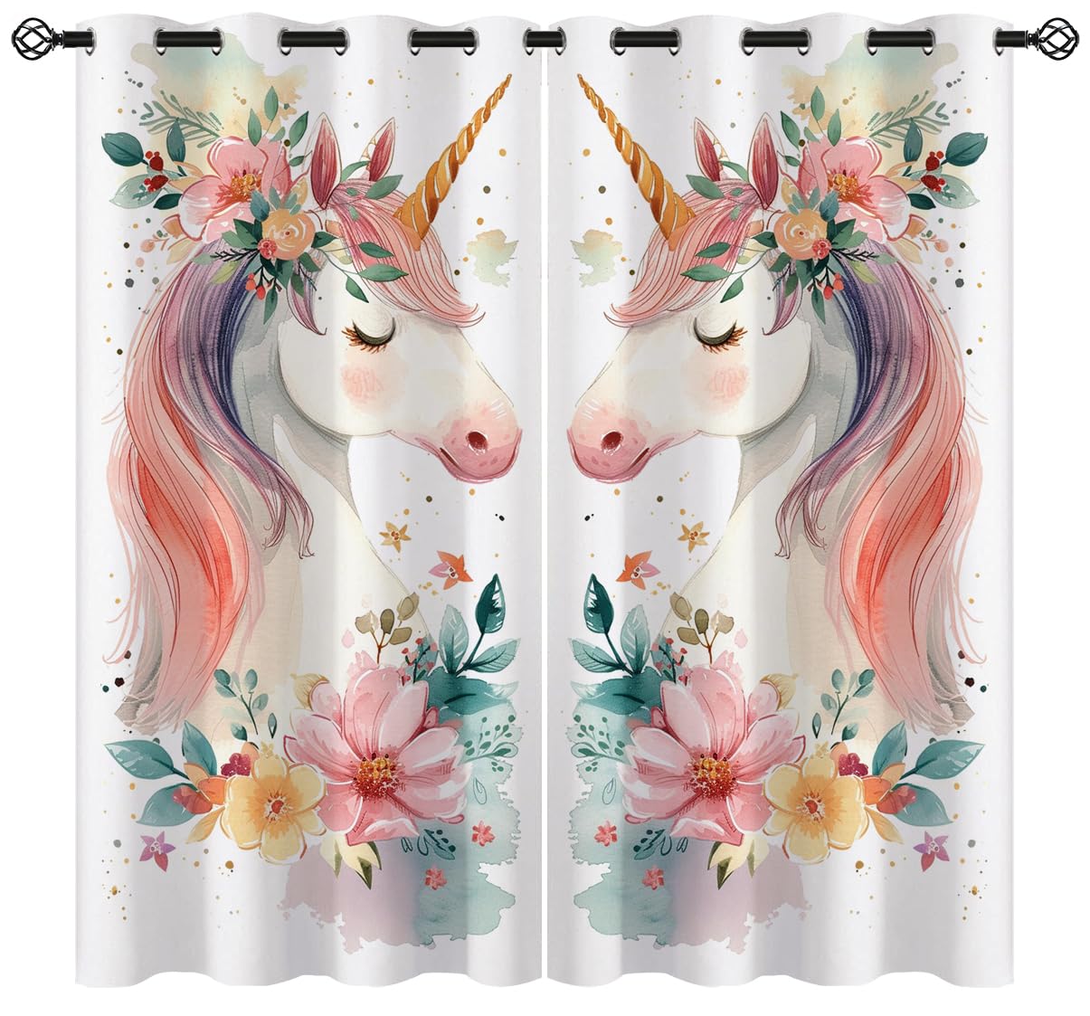 Unicorn Flower Blackout Curtains for Girls Boys Kids Home Decor, Fantasy Floral Pink Cartoon Unicorn Grommet Thermal Insulated Drapes Darkening Window Curtain for Bedroom Living Room, 42 x 45 Inch