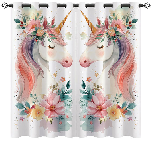 Unicorn Flower Blackout Curtains for Girls Boys Kids Home Decor, Fantasy Floral Pink Cartoon Unicorn Grommet Thermal Insulated Drapes Darkening Window Curtain for Bedroom Living Room, 42 x 45 Inch