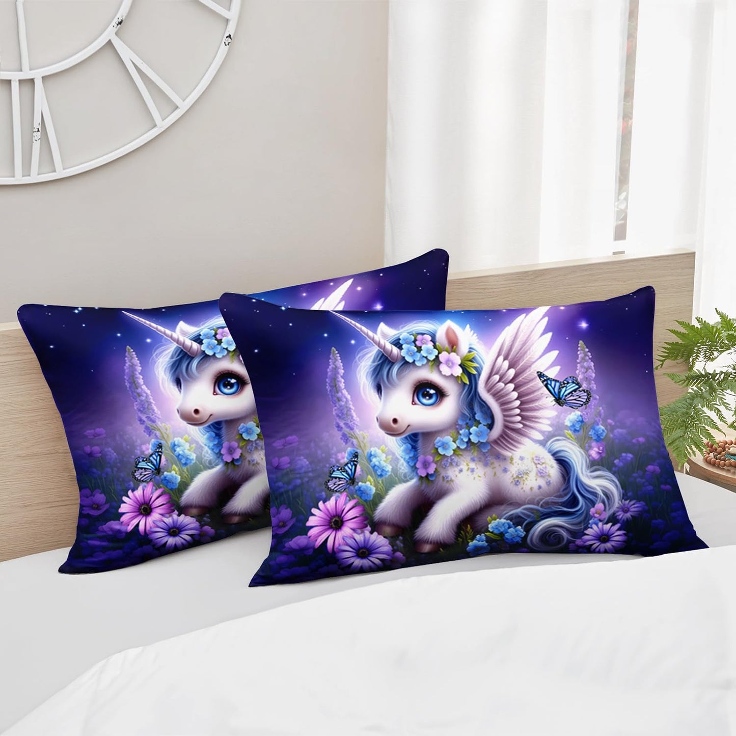 HOSIMA Unicorn Twin Fitted Sheet,Kawaii Unicorn Surrounded by Flowers Butterflies Print Animal Bedding,Lavender Pattern Princess Bedding for Kids Girls Room Decor,1 Fitted Sheet+2 Pillowcases.