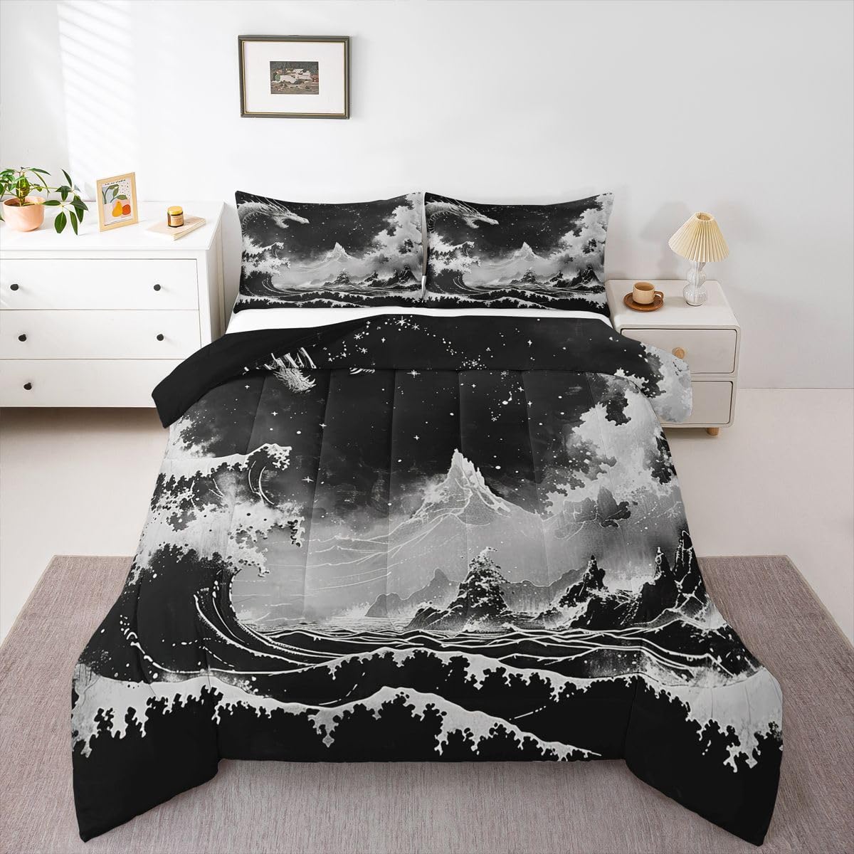 jejeloiu Black and White Wave Comforter Set Queen Size Japanese Style Bedding Set for Kids Boys Girls Ocean Wave Duvet Quilt Abstract Bedroom Decor Microfiber 3 Pcs with 2 Pillow Cases