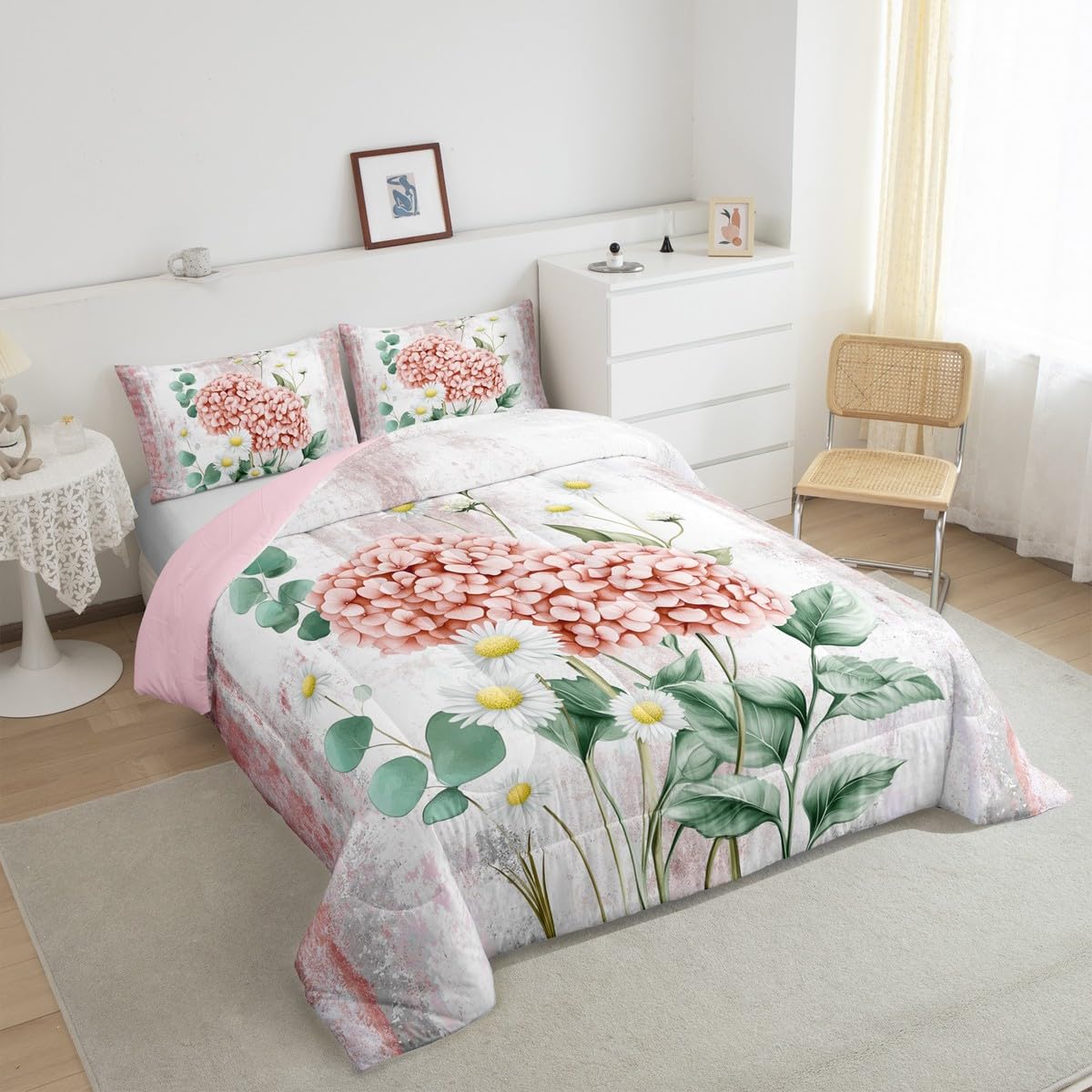Erosebridal Watercolor Flowers Queen Comforter Set Abstract Oil Painting Hydrangea Bedding Set Rustic Farmhouse Bed Set Ombre Orange White Quilt Set