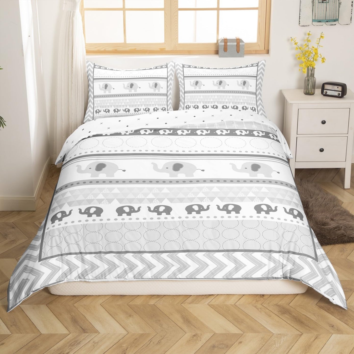 Kids Gray Elephant Duvet Cover Twin Size,Cartoon Cute Animals Print Comforter Cover Set for Kids Boys Girls,Geometric Grid Stripes Arrow Circle Bedding Quilt Cover Set Bedroom Decor, 2 Pieces