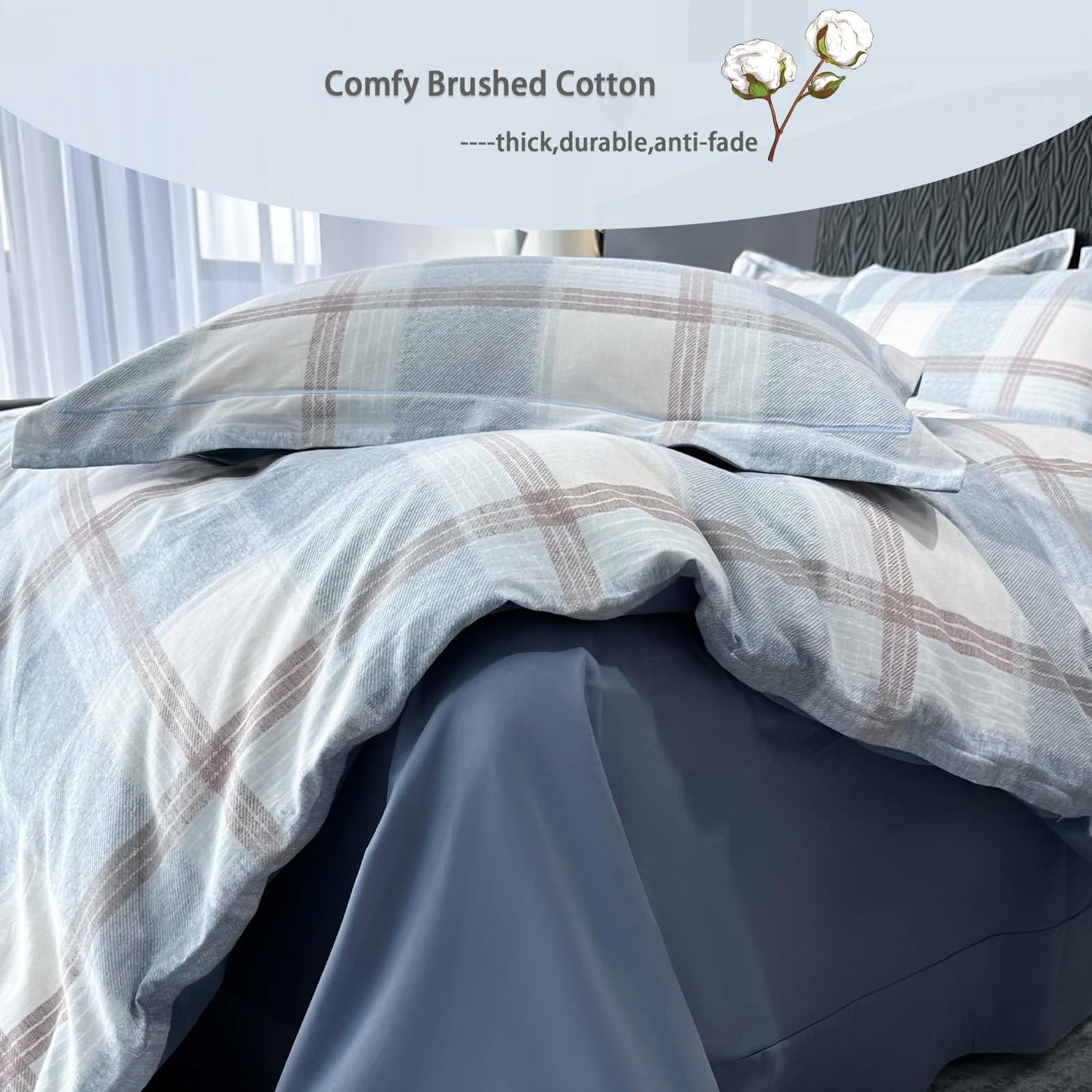 VM VOUGEMARKET Blue Plaid Duvet Cover Queen,3 Pieces Soft Brushed Cotton Duvet Cover Set,Simple Modern Teen Boys Gingham Bedding Set Without Comforter-90x90 Inch