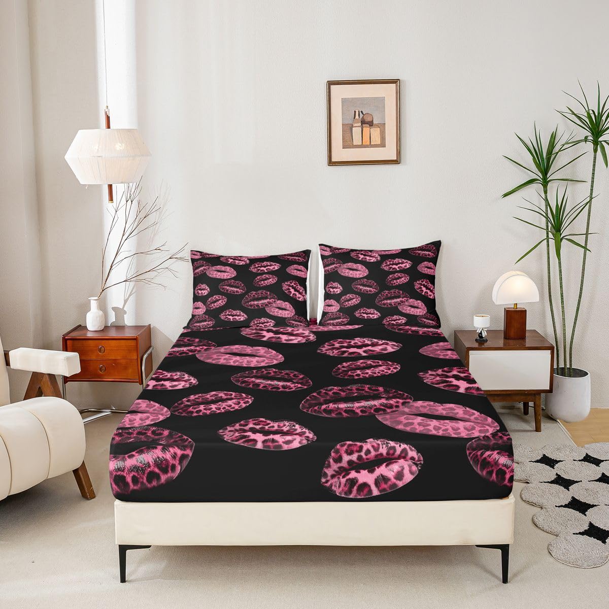 Feelyou Leopard Print Lips Fitted Sheet Full Size for Kids Boys Girls Cheetah Print Bed Sheets Set 16" Deep Pocket Soft Breathable Microfiber Kissing Lips Bedding with 2 Pillowcases Room Decor