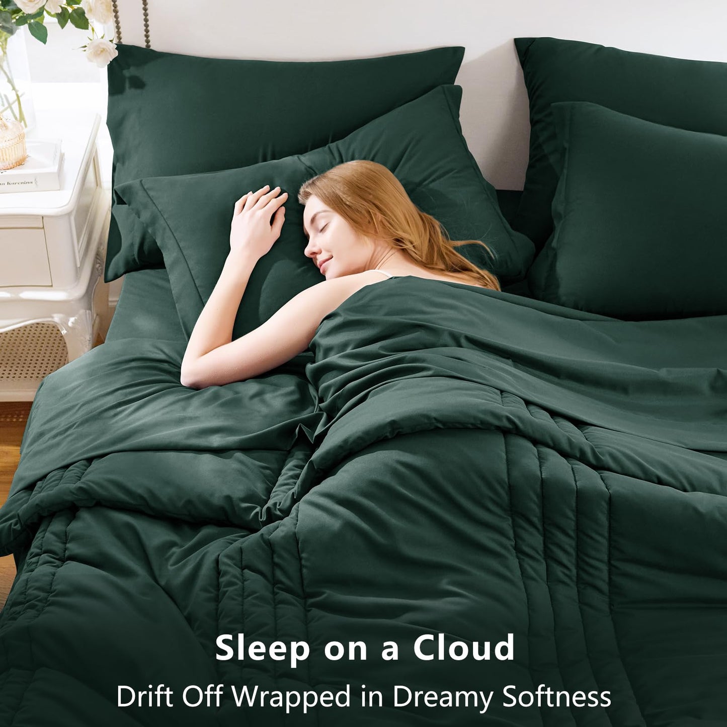 CozyLux Full Size Comforter Sets Forest Green - 7 Pieces Bed in a Bag, Modern Vertical Quilted Room Decor, Soft All-Season Bedding Gift with Comforter, Sheets, Pillowcases & Shams