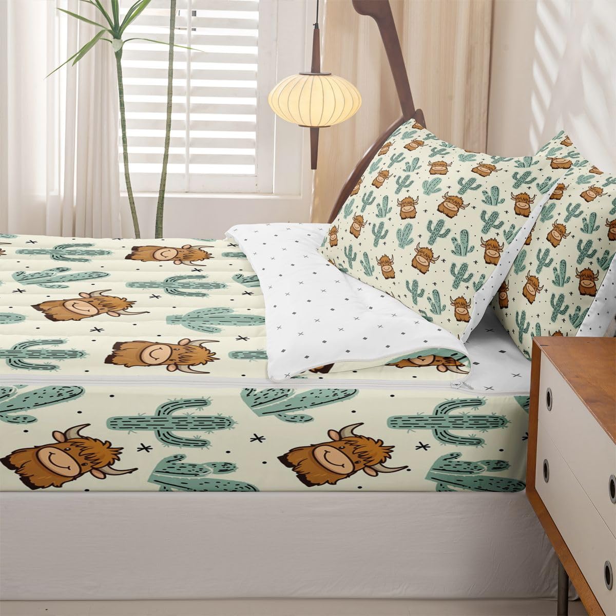 Feelyou Khaki Southwestern Aztec Zipper Bedding Twin Western Cactus Bohemian Boho Tribal Comforter Set with Fitted Sheet and Pillowcases Highland Cow Zipper Bedding Sets Highland Cattleorange