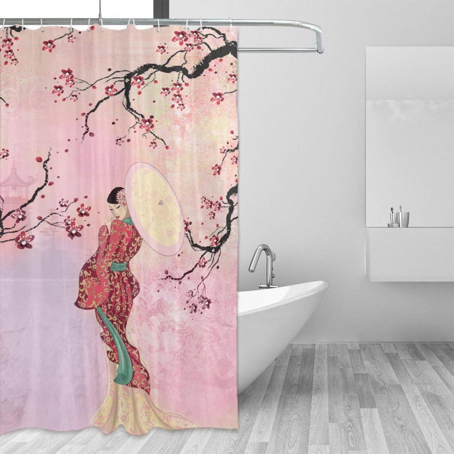 DDCBNS Japanese Geisha Shower Curtains,Asian Style Red Plum Blossom Ink Painting Shower Curtain for Bathroom Decor Asia Oriental Theme Fabric Waterproof Upholstery Hook 66x72inch