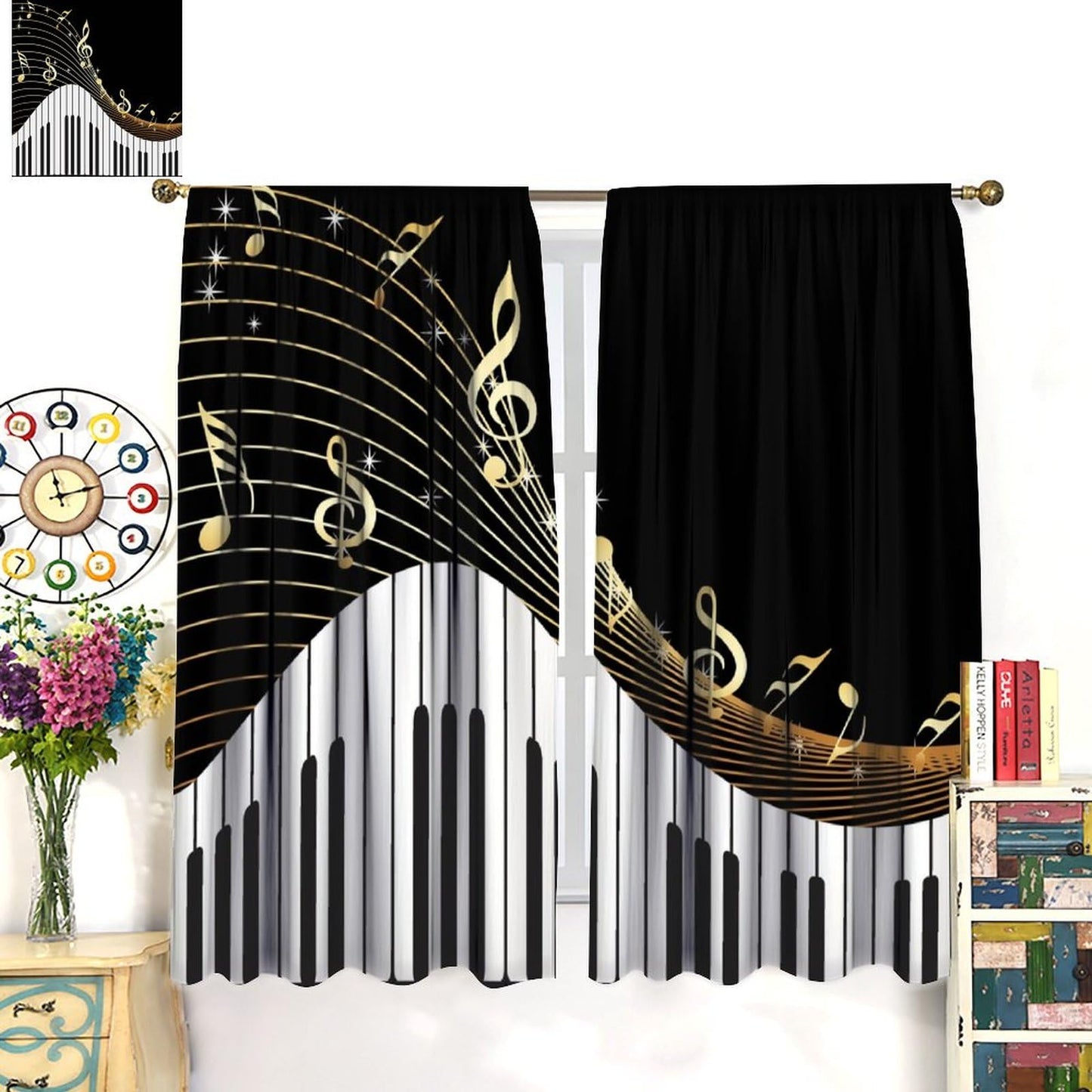 Black White Music Curtains，Abstract Piano Key Musical Notes Art Pattern Drapes Window 2 Panel Rod Pocket Curtain for Bedroom Living Room Decor 41" W X 45" L 30%